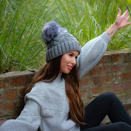 grey Women’s Double Pom Pom Winter Hat – Fleece-Lined Wool Beanie, Windproof & Warm, Cute Cold Weather Gift for Girls or Her