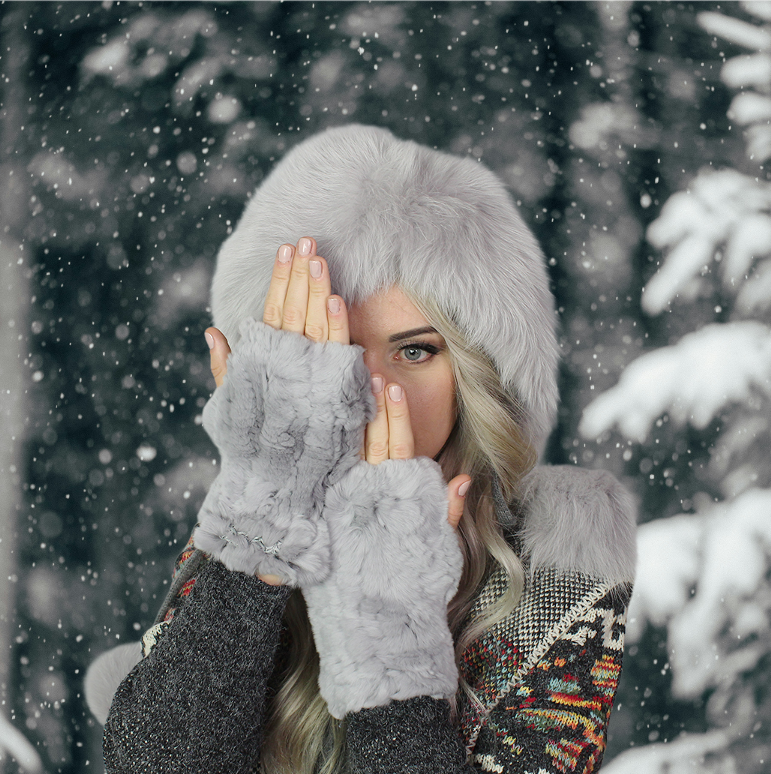 GREY Natural Rabbit Fur Fingerless Gloves – Soft Knit Winter Hands and Wrists Warmers, Luxury Gift for Her