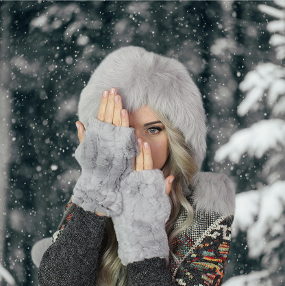GREY Natural Rabbit Fur Fingerless Gloves – Soft Knit Winter Hands and Wrists Warmers, Luxury Gift for Her