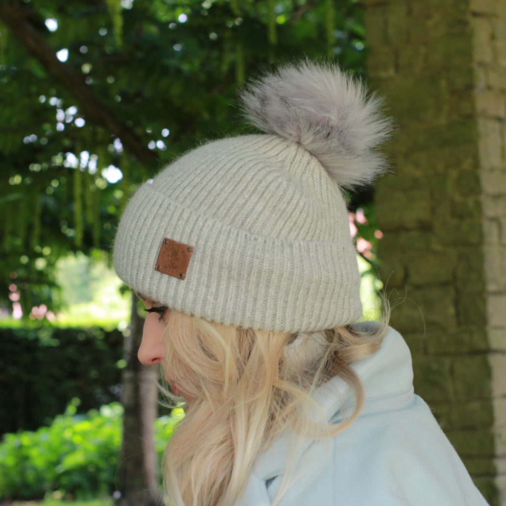 Grey SET: Women’s Winter Cashmere Hat and Neck Warmer – Soft Warm Pom Pom Beanie & Snood Gift for Her, Cozy 2-Piece Cold Weather Accessory