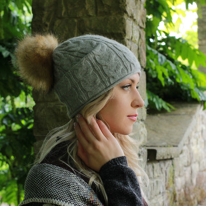 grey Women's Cashmere Slouchy Winter Hat with Faux Fur Pom Pom – Soft Double Layer Beanie, Warm Knit Gift for Her