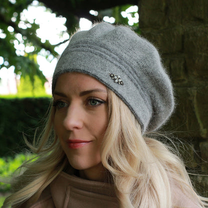 grey Women’s Cashmere Blend Beret – Warm Double Layer Winter Hat, French Style, Cozy Gift for Her, Mum or Grandma
