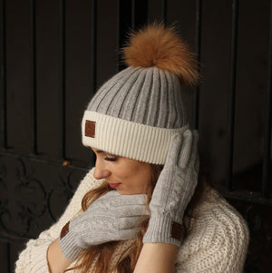 Kaschmir Echtfell Beanie mit abnehmbarer Bommel, Gestrickte Kaschmirmütze, Gemütliche und superweiche Wintermütze für Damen