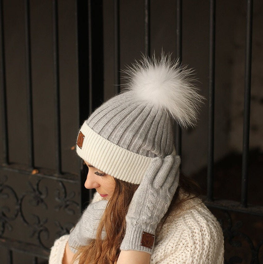 Kaschmir Echtfell Beanie mit abnehmbarer Bommel, Gestrickte Kaschmirmütze, Gemütliche und superweiche Wintermütze für Damen