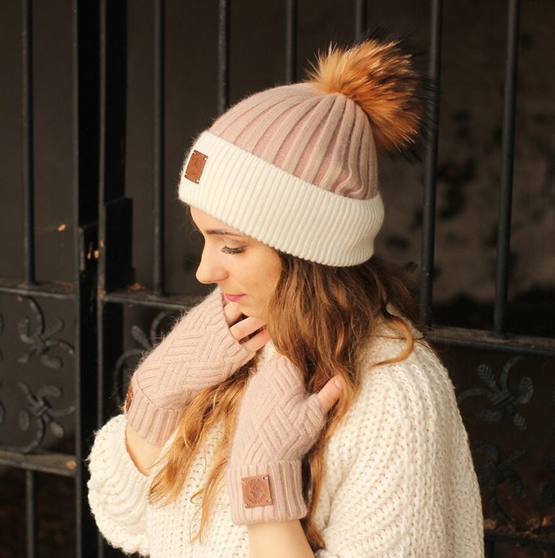 Cashmere real fur detachable pom pom beanie, Knit cashmere hat, Cozy and super soft women winter hat