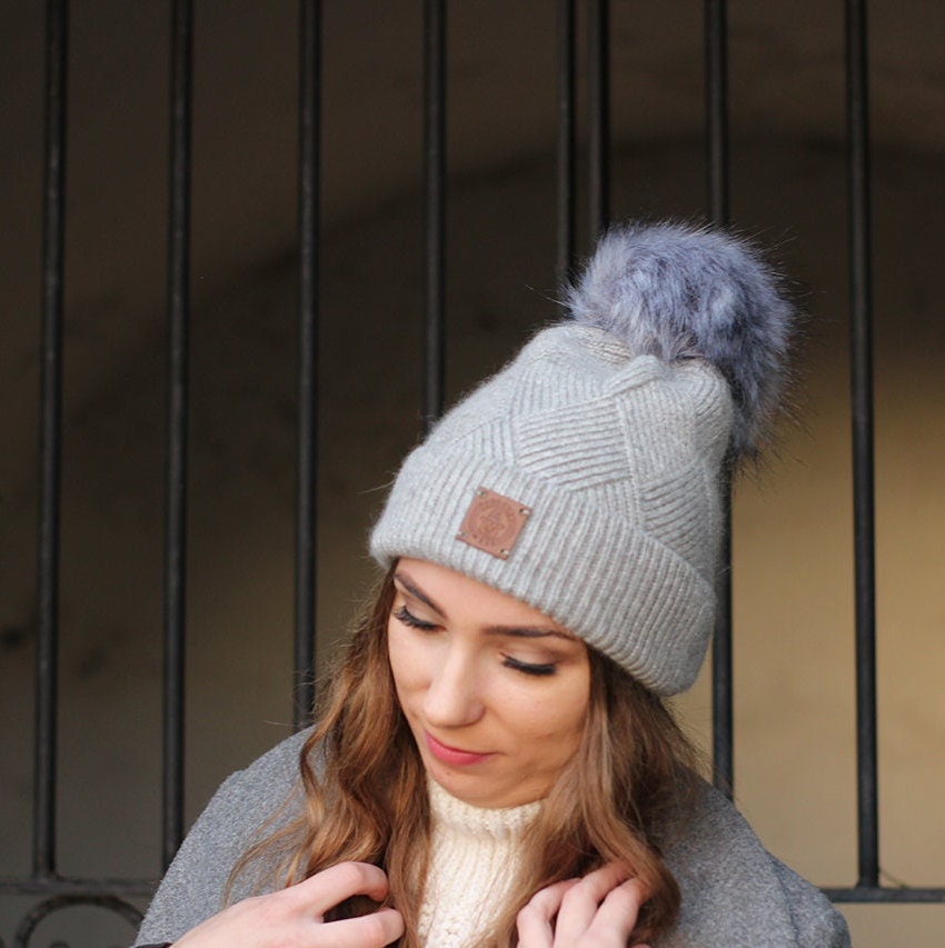 light grey Cashmere faux fur pom pom women's winter hat, Solid colour cashmere beanie, Gift for her.