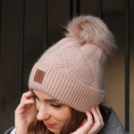 blush Cashmere faux fur pom pom women's winter hat, Solid colour cashmere beanie, Gift for her.