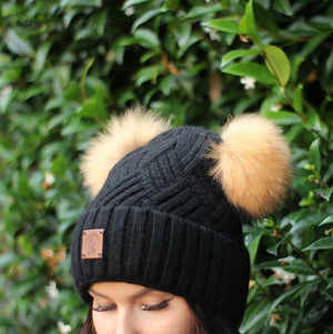 Cashmere double fox fur pom pom hat, Cozy and warm women's girl's bobble beanie, Gift for her