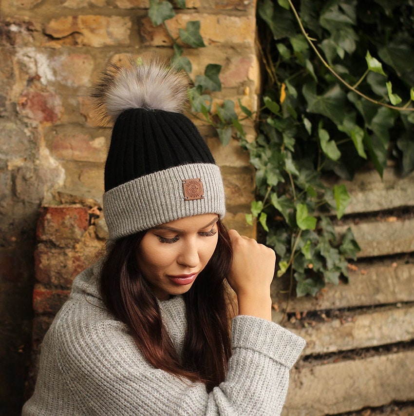 black Cashmere real fur pom pom beanie, Knit hat, cozy and super soft women winter hat