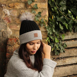 black Cashmere real fur pom pom beanie, Knit hat, cozy and super soft women winter hat