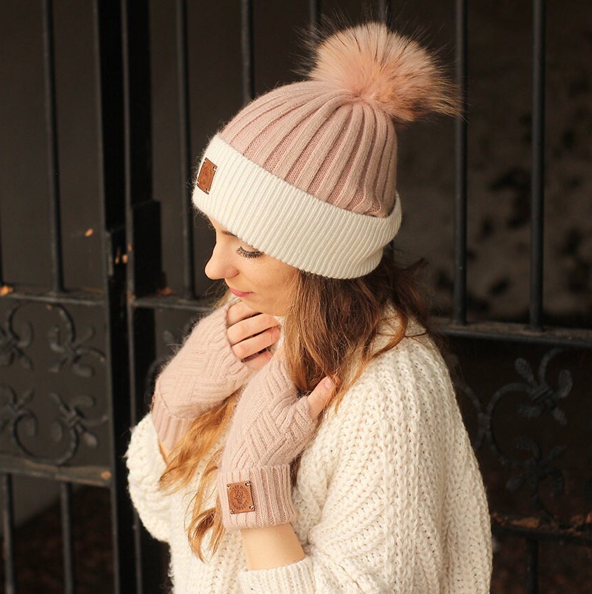 Blush Luxurious Cashmere Beanie with Fox Fur Pom Pom | Cozy, Soft Knit Winter Hat | Perfect Gift for Women