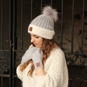 Cashmere real fur pom pom beanie, Knit hat, cozy and super soft women winter hat