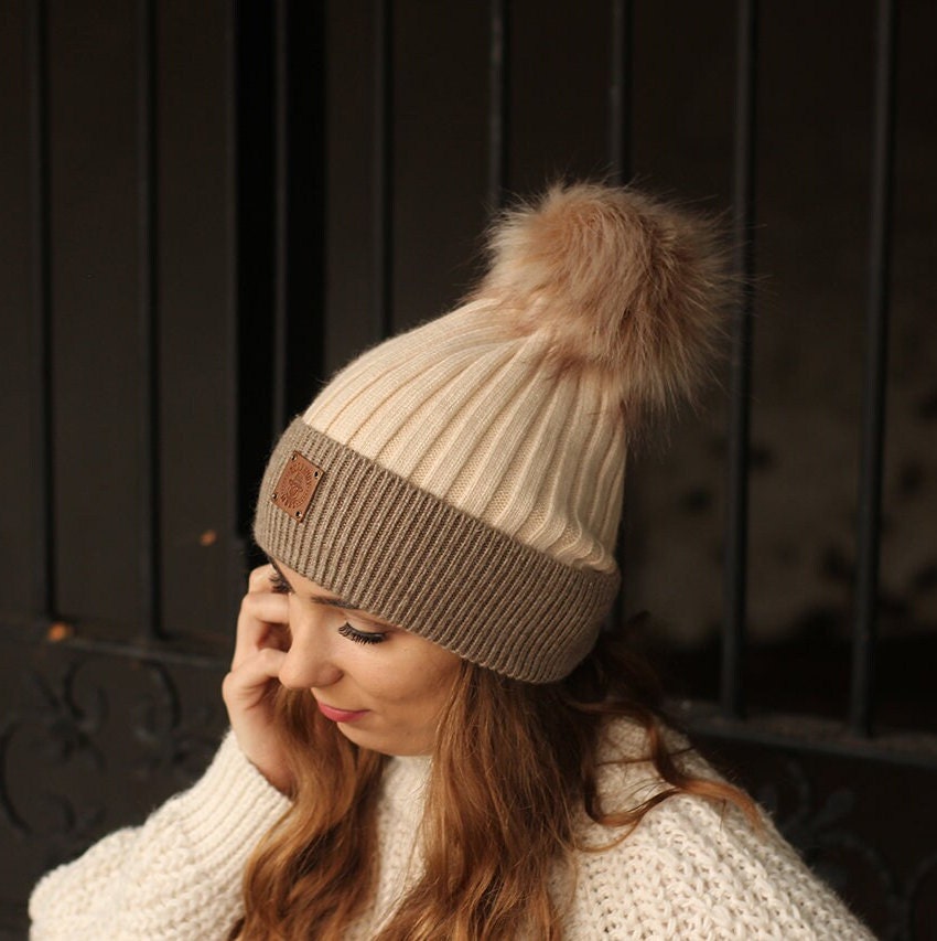 Luxurious Cashmere Beanie with Faux Fur Pom Pom | Cozy, Soft Knit Winter Hat | Perfect Gift for Women