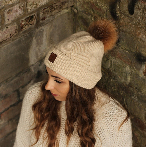 Cashmere fox fur pom pom women's winter hat, Solid colour cashmere beanie, Gift for her.