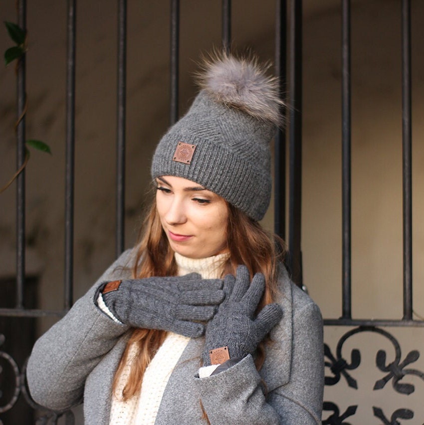 Cashmere fox fur pom pom women's winter hat, Solid colour cashmere beanie, Gift for her.