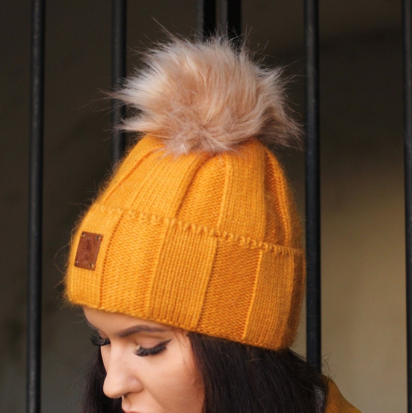 yellow Cashmere faux fur pom pom women winter hat, Warm women beanie, Gift for her