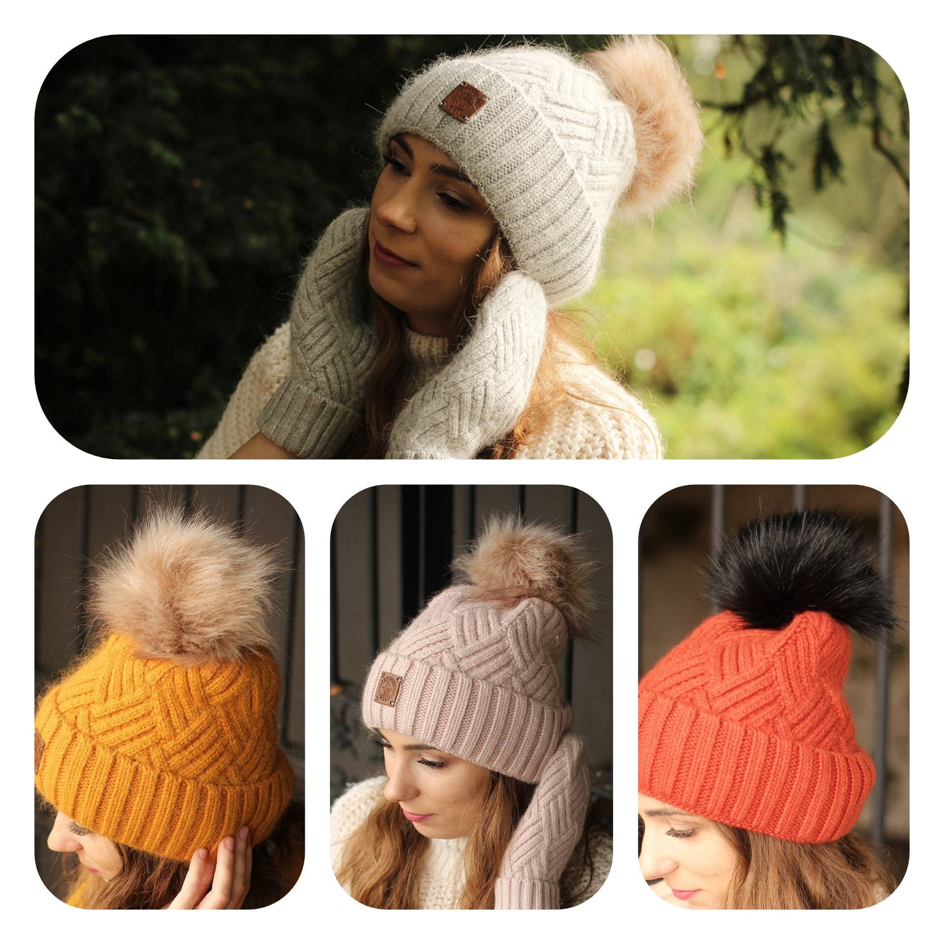 Warm Cashmere Women's Beanie with Faux Fur Pom Pom – Soft Winter Hat, Perfect Gift for Her