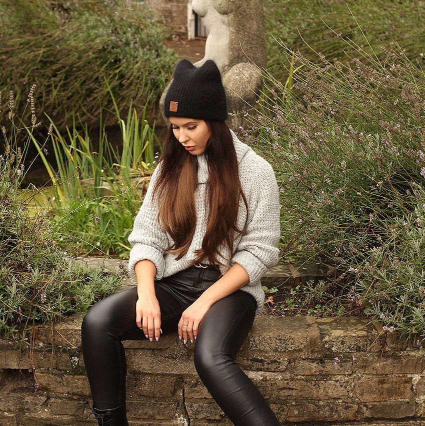 black Angora wool beanie