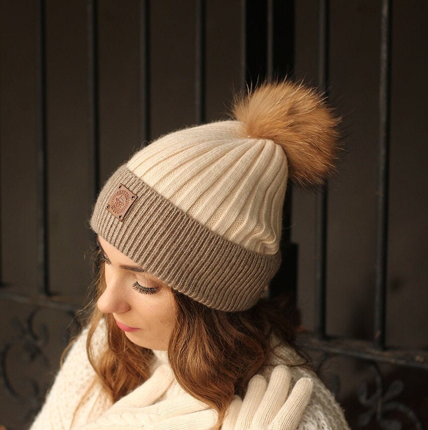 Kaschmir Echtfell Beanie mit abnehmbarer Bommel, Gestrickte Kaschmirmütze, Gemütliche und superweiche Wintermütze für Damen