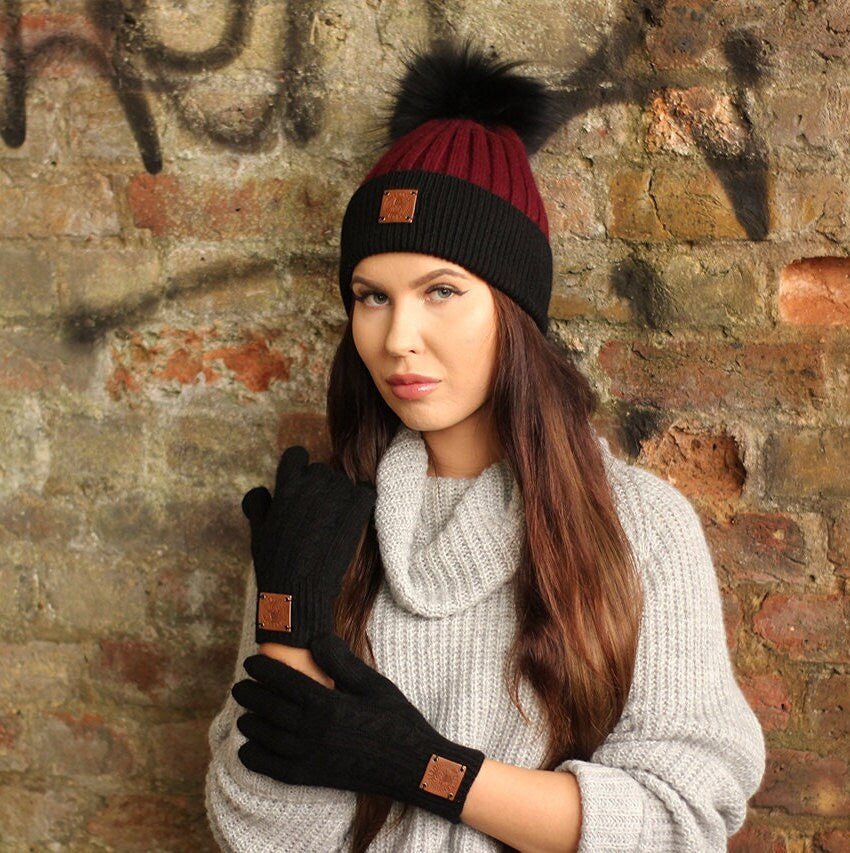 Kaschmir Echtfell Beanie mit abnehmbarer Bommel, Gestrickte Kaschmirmütze, Gemütliche und superweiche Wintermütze für Damen