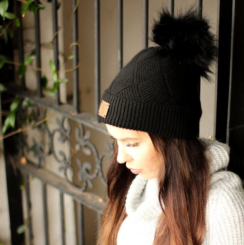 black Cashmere faux fur pom pom women's winter hat, Solid colour cashmere beanie, Gift for her.