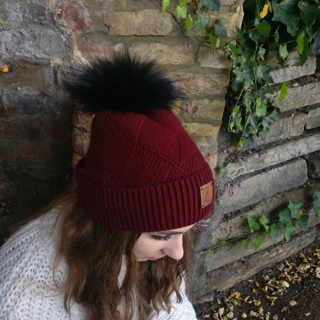 burgundy Cashmere faux fur pom pom women's winter hat, Solid colour cashmere beanie, Gift for her.