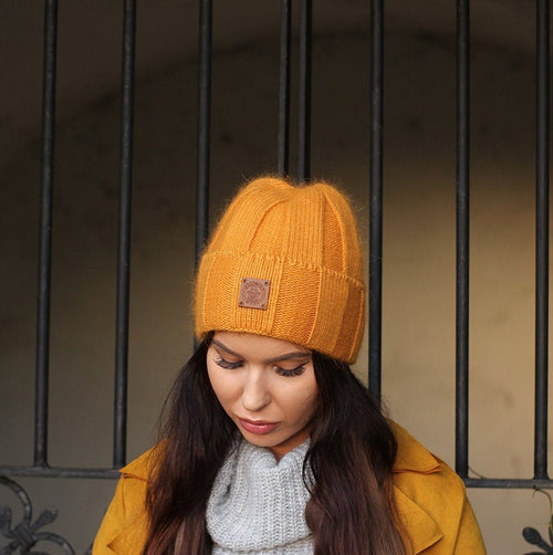 Yellow Cashmere women winter hat, Warm women beanie, Gift for her