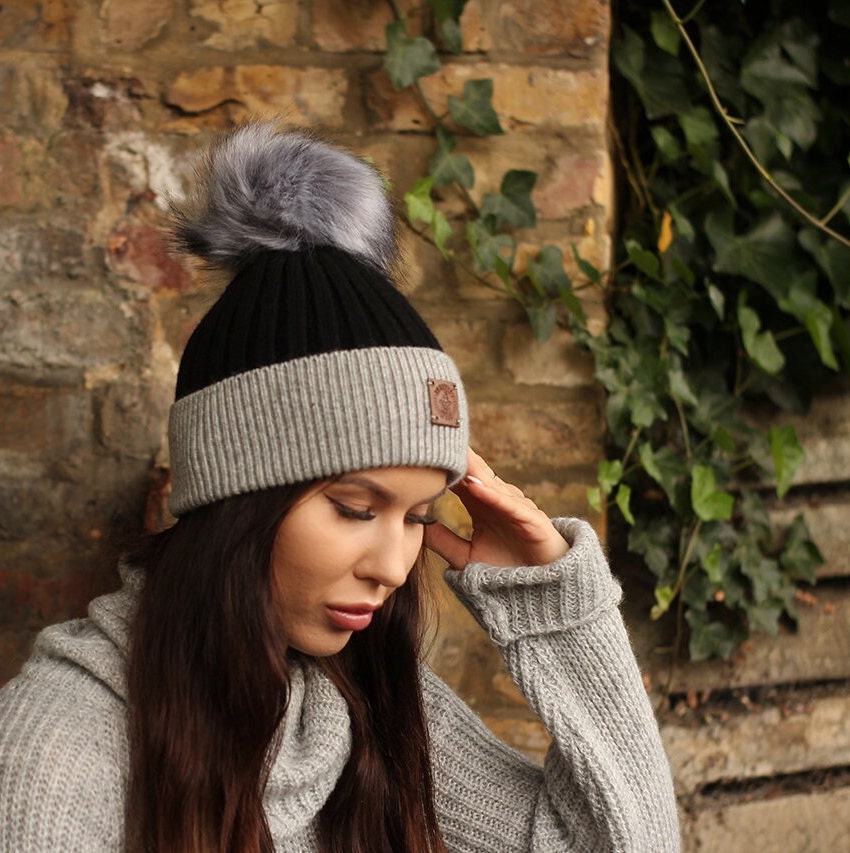 Luxurious Cashmere Beanie with Faux Fur Pom Pom | Cozy, Soft Knit Winter Hat | Perfect Gift for Women