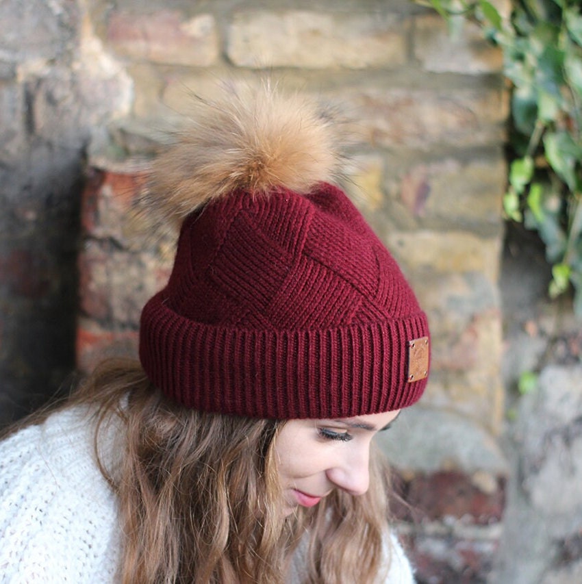 Bonnet d'hiver pour femme avec pompon en fourrure de renard en cachemire, bonnet en cachemire de couleur unie, cadeau pour elle.