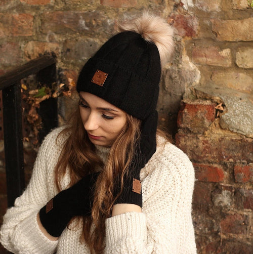 black Cashmere faux fur pom pom women winter hat, Warm women beanie, Gift for her