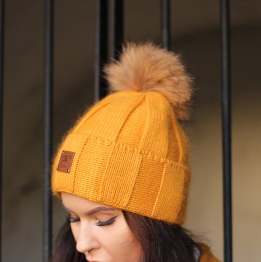 Cashmere and wool real fur pom pom Knit hat, cozy women winter beanie.

yellow