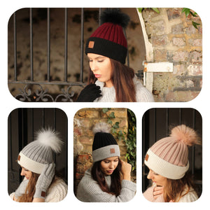 Kaschmir Echtfell Beanie mit abnehmbarer Bommel, Gestrickte Kaschmirmütze, Gemütliche und superweiche Wintermütze für Damen