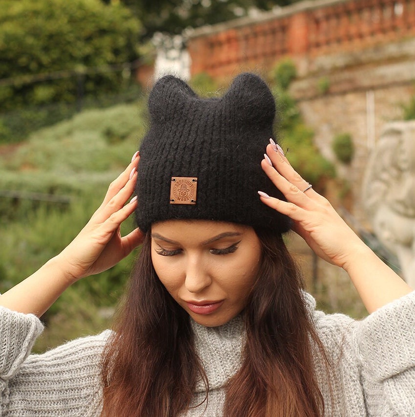 black Angora wool beanie