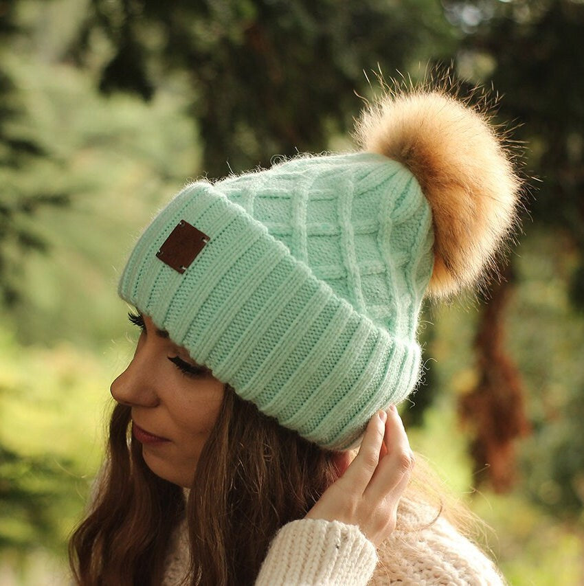 Women's winter warm cashmere fox fur pom pom hat, Thick cashmere women's beanie, Knit hat, Gift for her