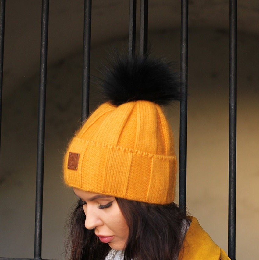 yellow Cashmere faux fur pom pom women winter hat, Warm women beanie, Gift for her