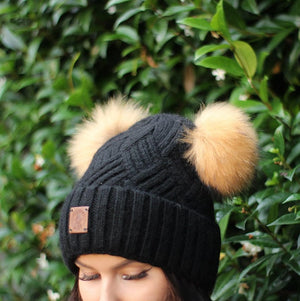 Cashmere double fox fur pom pom hat, Cozy and warm women's girl's bobble beanie, Gift for her