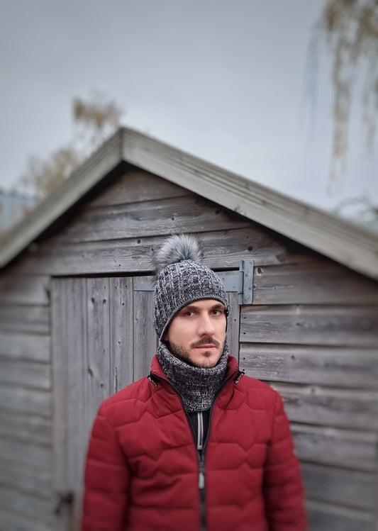 Vegan friendly knit mens hat and neck warmer set, chunky winter set, winter hat and neck warmer set for mens and boys.