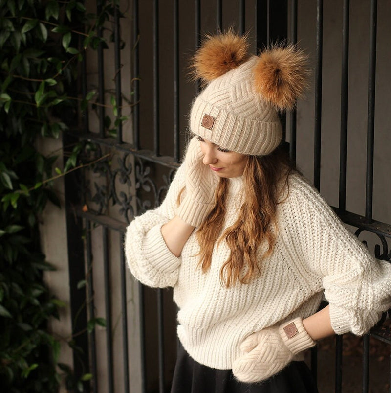 beige Cashmere double fox fur pom pom hat, Cozy and warm women's girl's bobble beanie, Gift for her