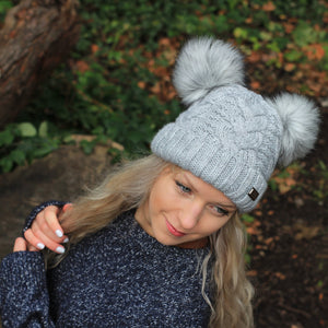 Grey Winter woollen women hat, inner fleece lining beanie, double pom pom bobble hat