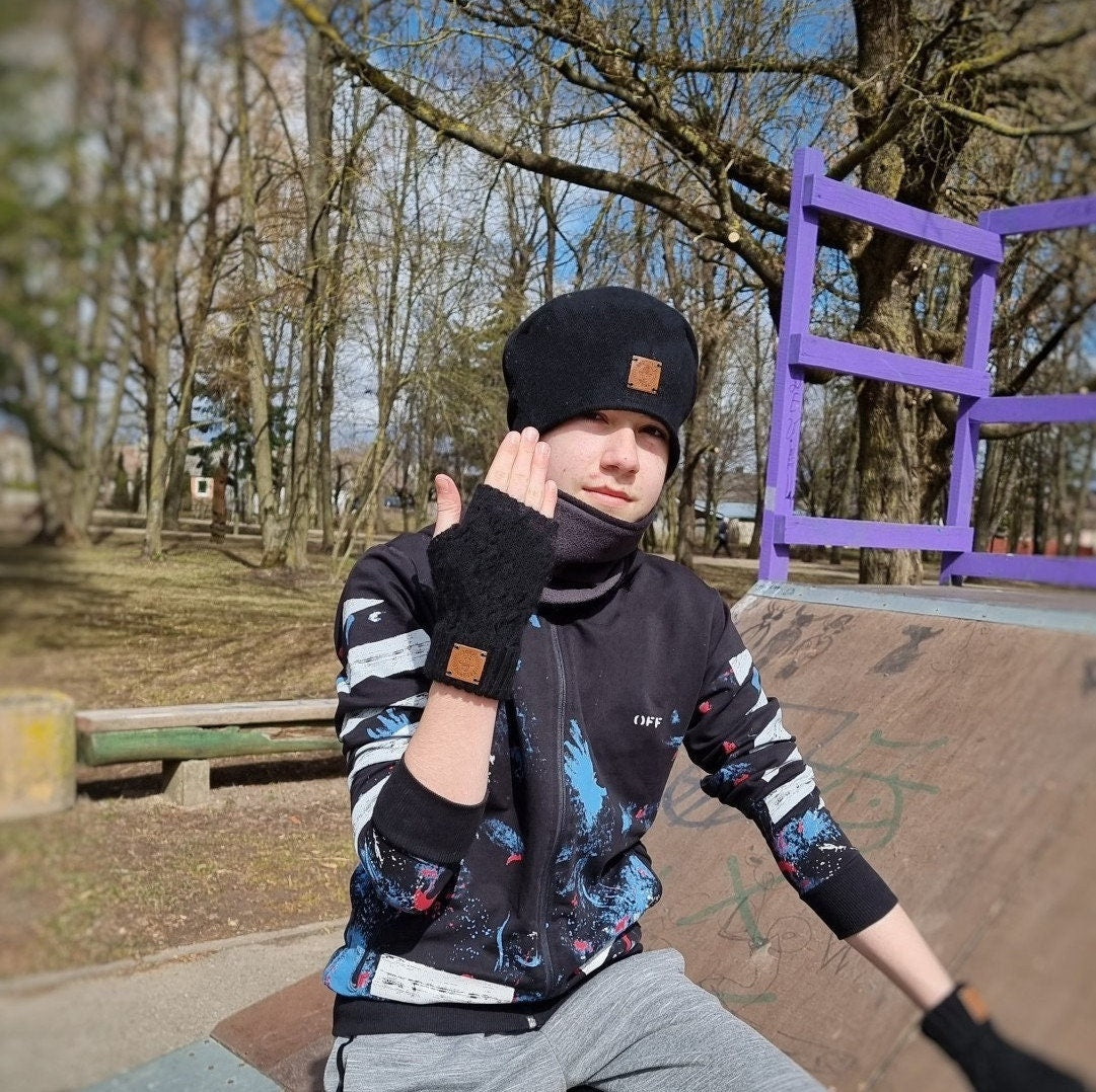 Bonnet en cachemire pour garçon, gants sans doigts en cachemire pour garçon, bonnet et gants pour adolescent