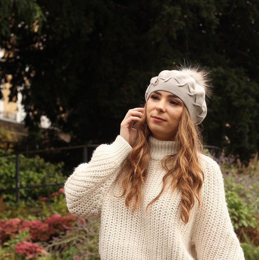 Women's cashmere pom pom beret, Women's winter hat, French cashmere beret, Gift for her