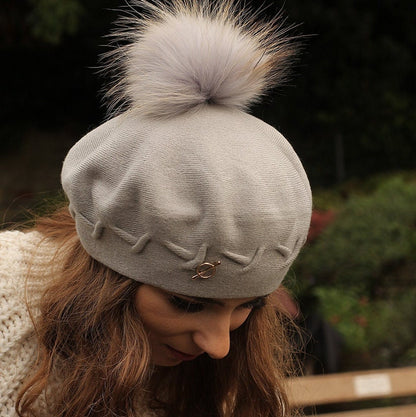 Women's cashmere pom pom beret, Women's winter hat, French cashmere beret, Gift for her