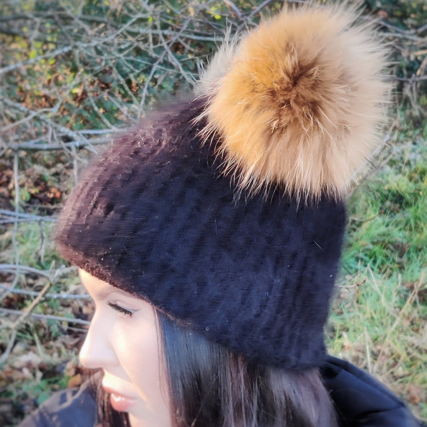 Bonnet en tricot véritable à double pompon pour femme, doublure intérieure en coton, bonnet en laine angora, bonnet épais, bonnet coupe-vent