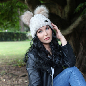 Winter woollen women hat, inner fleece lining beanie, double pom pom bobble hat