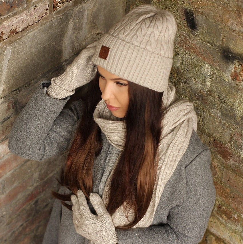 mütze handschuh schal set Kaschmir-Set: Mütze, Handschuhe, Schal, Strickset, gemütliches und sup – BURGUNDY MODE