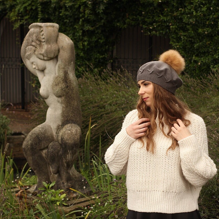 Women's cashmere pom pom beret, Women's winter hat, French cashmere beret, Gift for her