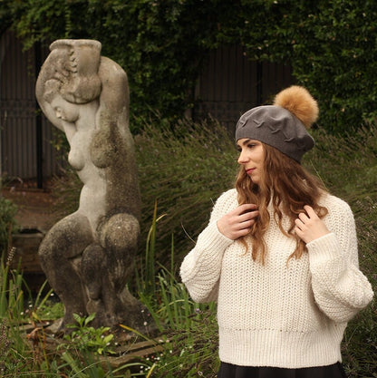 Women's cashmere pom pom beret, Women's winter hat, French cashmere beret, Gift for her