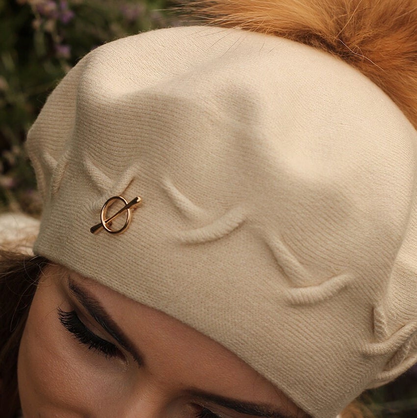 Women's cashmere pom pom beret, Women's winter hat, French cashmere beret, Gift for her