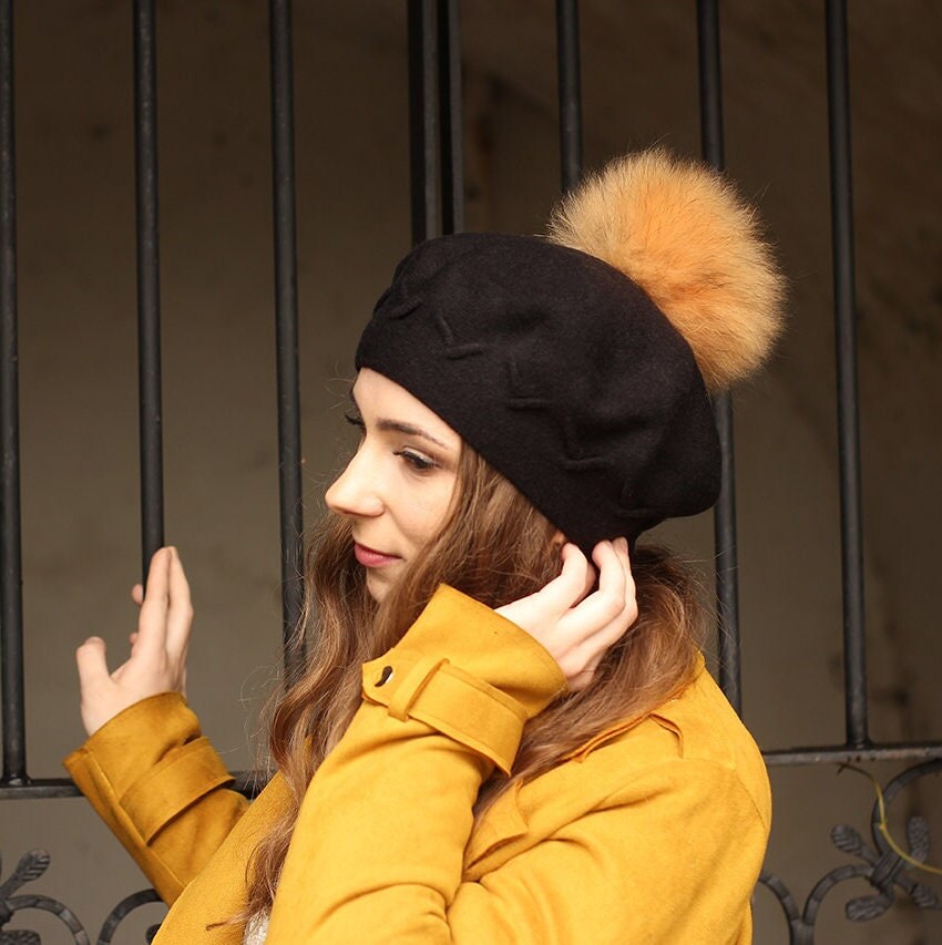 Women's cashmere pom pom beret, Women's winter hat, French cashmere beret, Gift for her