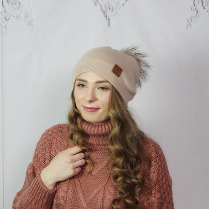 Cashmere Faux fur pom pom hat, Cashmere women winter double layer beanie, Gift for her